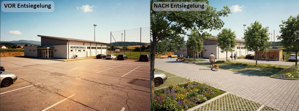 Gegenüberstellung einer fiktiven versiegelten Fläche mit der Visualisierung von Entsiegelungsmaßnahmen