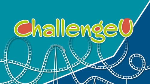 Schriftzug ChallengeU mit Grafik einer Achterbahn im Hintergrund