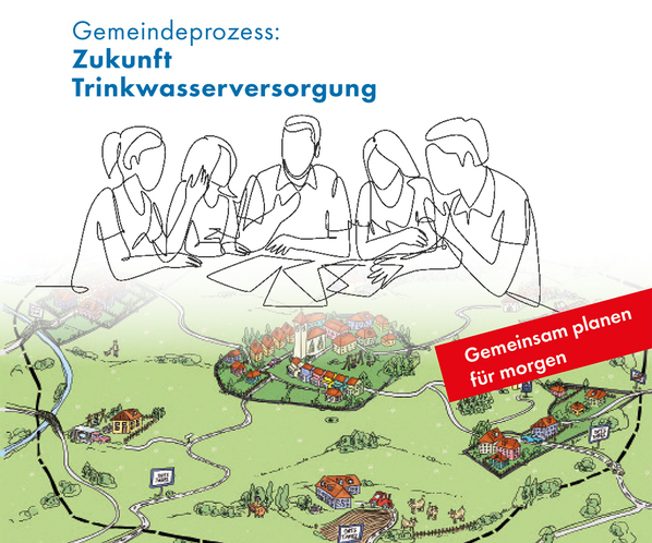 Stilisierte Graphik eines Gemeindegebietes, darüber die Silhouetten von 5 Personen, die miteinander reden und planen