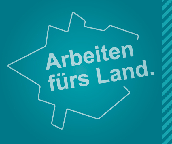 Logo Arbeiten fürs Land in weiß auf türkisem Hintergrund
