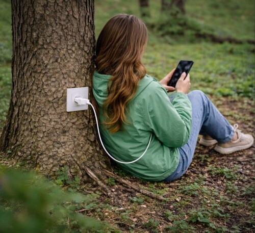 Mädchen sitzt mit Smartphone an einen Baum gelehnt, wo sie an einer Steckdose im Stamm den Akku auflädt.