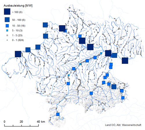 Die Erzeugungsstruktur aus Wasserkraft in Oberösterreich nach Ausbauleistung [MW]. An Donau, Inn, Enns, Traun und Steyr liegen die 29 Großwasserkraftwerke (EPL > 10 MW) in Oberösterreich
