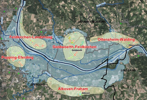 Übersicht Projektgebiet Eferdinger Becken mit Planungslosen (Quelle: Land OÖ)