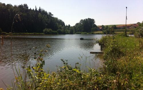 Pramspeicher_Altmannsdorf mit trübem Wasser und Feldern auf sanften Hügeln im Hintergrund