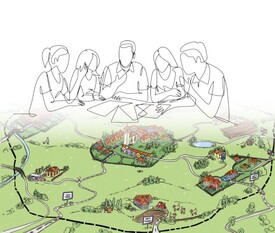 Dorfplan und Menschen skizziert