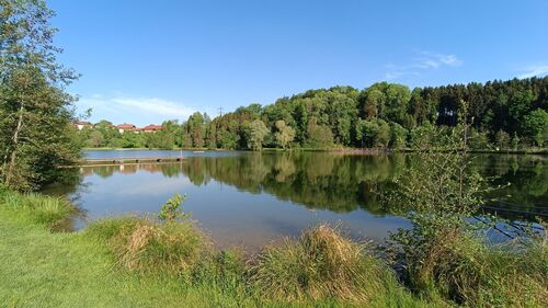 Trattnachspeicher unter blauem Himmel und frischem Grün