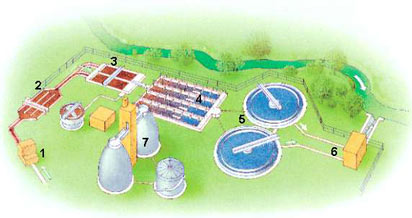 Schema einer mechanisch-biologischen Abwasserreinigungsanlage 