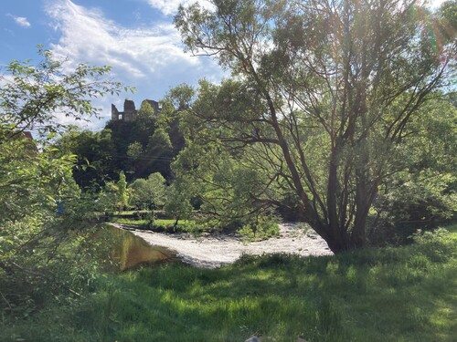 Waldaist-wehr mit Ruine Reichenstein im Hintergrund