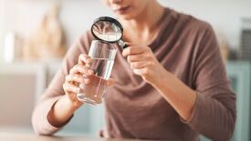 Mensch mit Wasserglas und Lupe