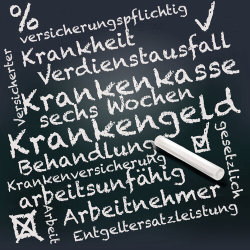 Auf einer Tafel stehen mit einer Kreide geschriebenen verschiedene Begriffe zB Krankenkasse, Krankengeld, Verdienstausfall, Arbeitnehmer oder Krankenversicherung