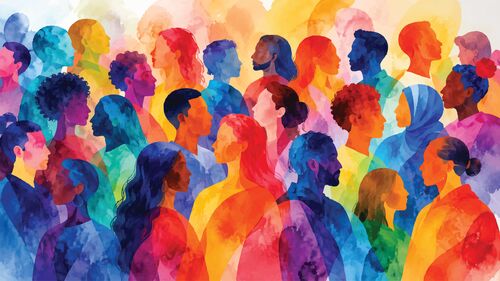 Bunte menschliche Portraits in Aquarellfarben, die ineinander fließen Bunte menschliche Portraits in Aquarellfarben, die ineinander fließen