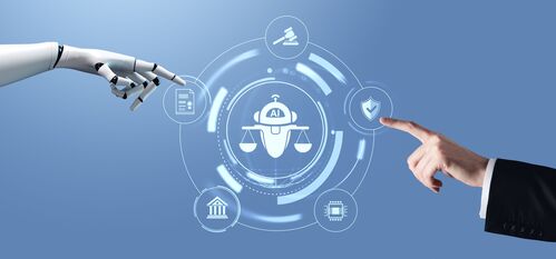 Finger eines Menschen und eines Roboters berühren ein AI-Hologramm mit verschiedenen Symbolen