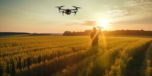 Bauer steht auf einem Kornfeld, darüber fliegt eine Drohne