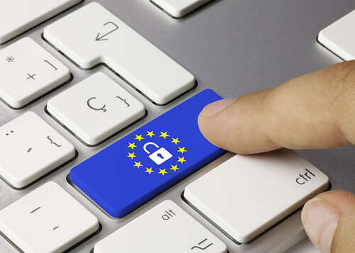 Notebook-Tastatur auf der sich eine blaue Taste mit einer EU-Flagge und einem Vorhängeschloss-Symbol befindet.