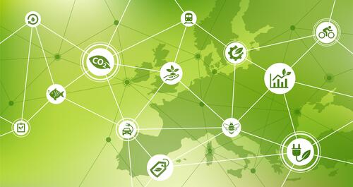 Grüne Landkarte von Europa mit verschiedenen Symbolen zum Thema Umweltschutz