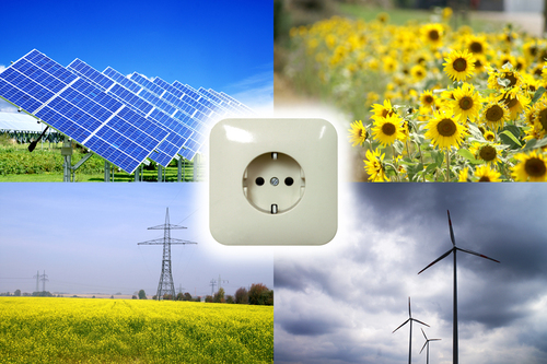 Stromsteckdose und 4 verschieden Bilder von erneuerbarer Energie 