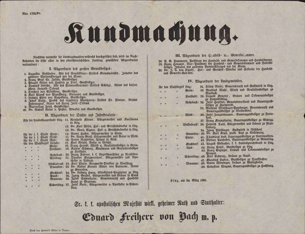 Kundmachung des Statthalters zum Ergebnis der Landtagswahl 1861