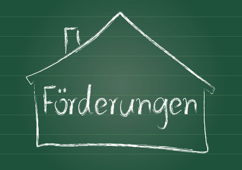 Auf einer Schultafel ist ein Haus aufgezeichnet mit der Beschreibung Förderungen Auf einer Schultafel ist ein Haus aufgezeichnet mit der Beschreibung Förderungen